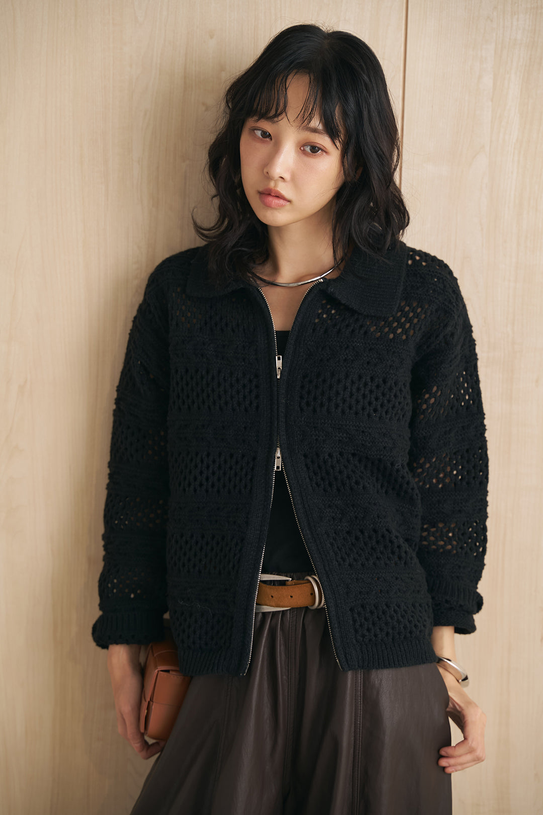 [SET]ジャガードZIPニットカーディガン+フェイクレザーカーブワイドパンツ(2set)