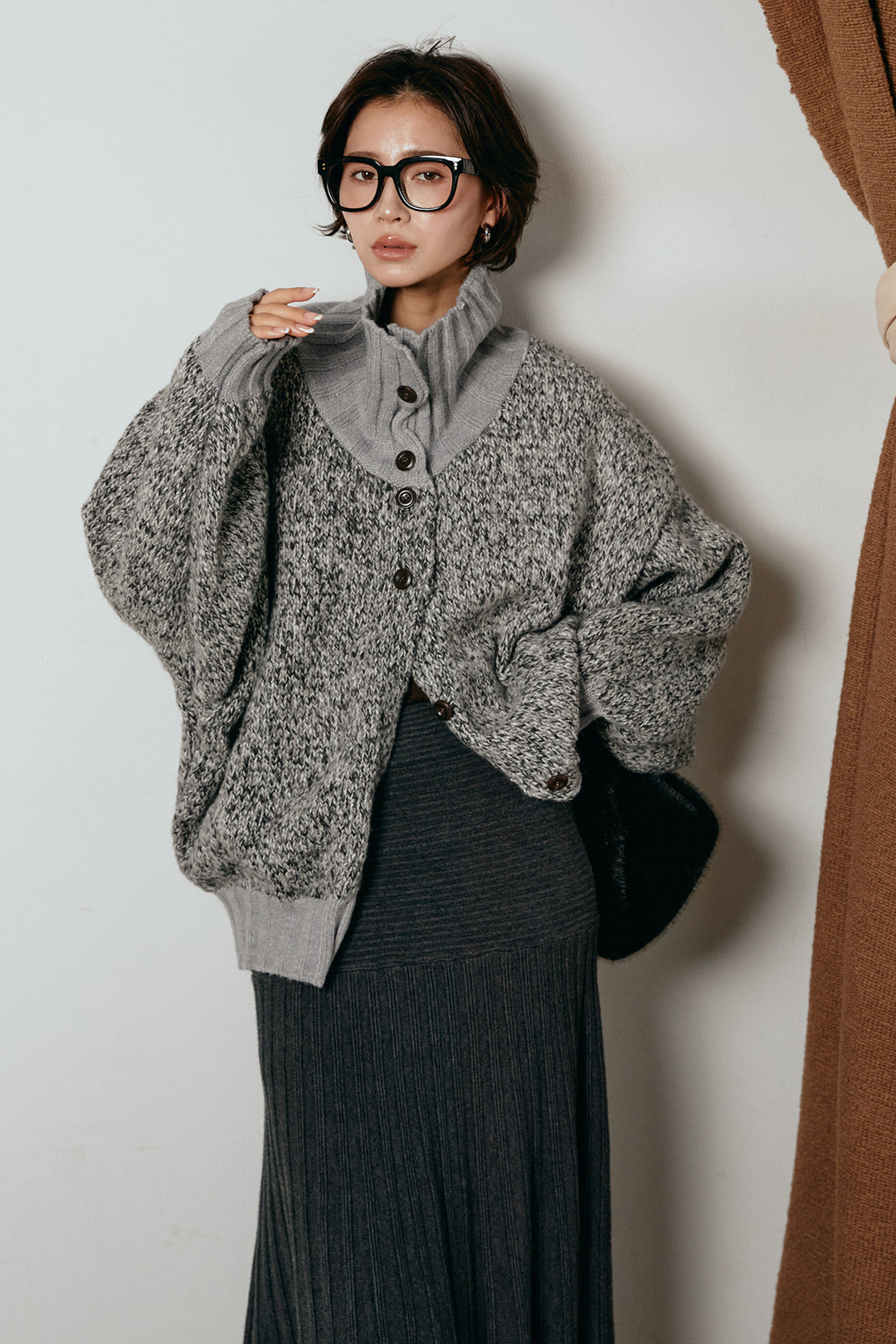 [SET]ハイネックミックスニットカーディガン+編み地切り替えフレアニットスカート(2set)