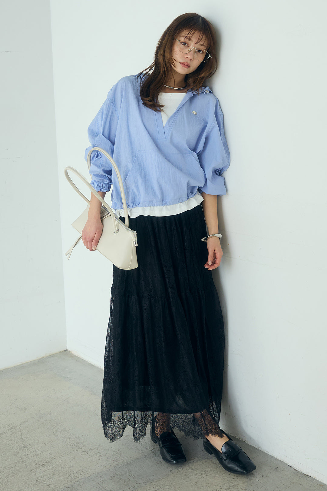 [SET]レイヤードデザインフーディートップス+ひげレース切替ロング丈スカート(2set)