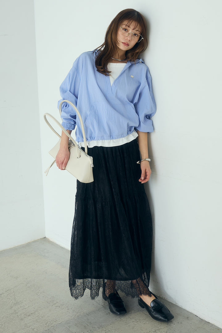 [SET]レイヤードデザインフーディートップス+ひげレース切替ロング丈スカート(2set)