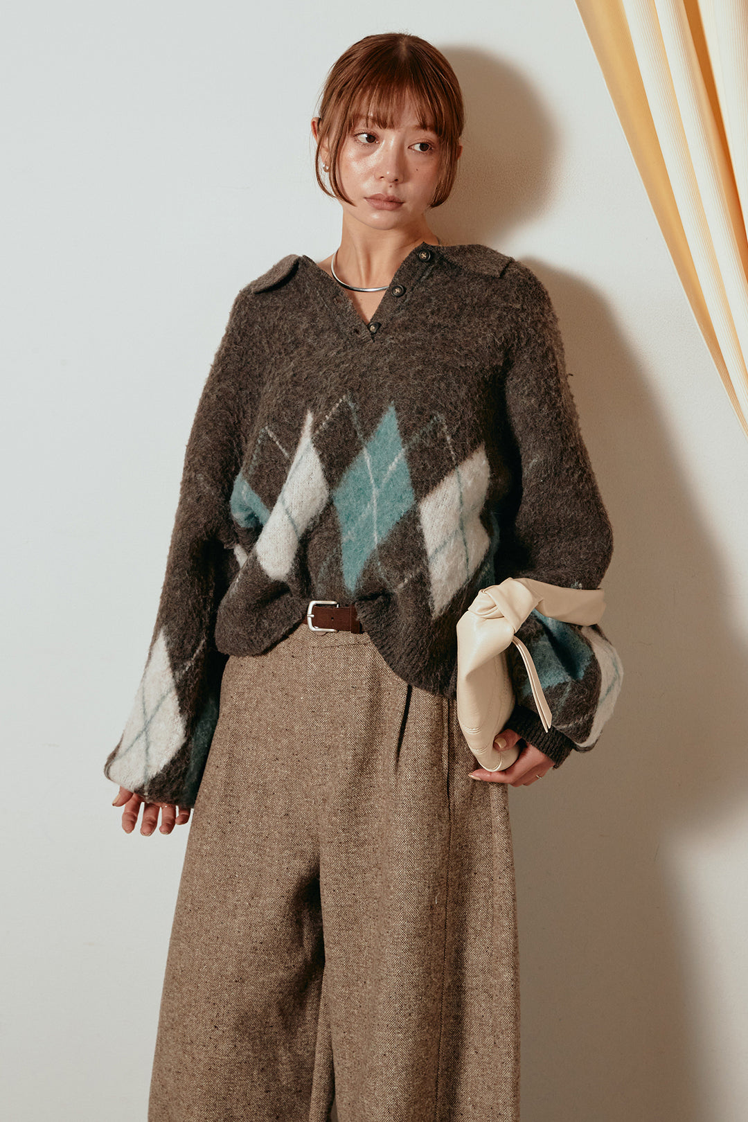 [SET]アーガイル柄ポロニットトップス+ベルト付きネップツイードカーブパンツ(2set)