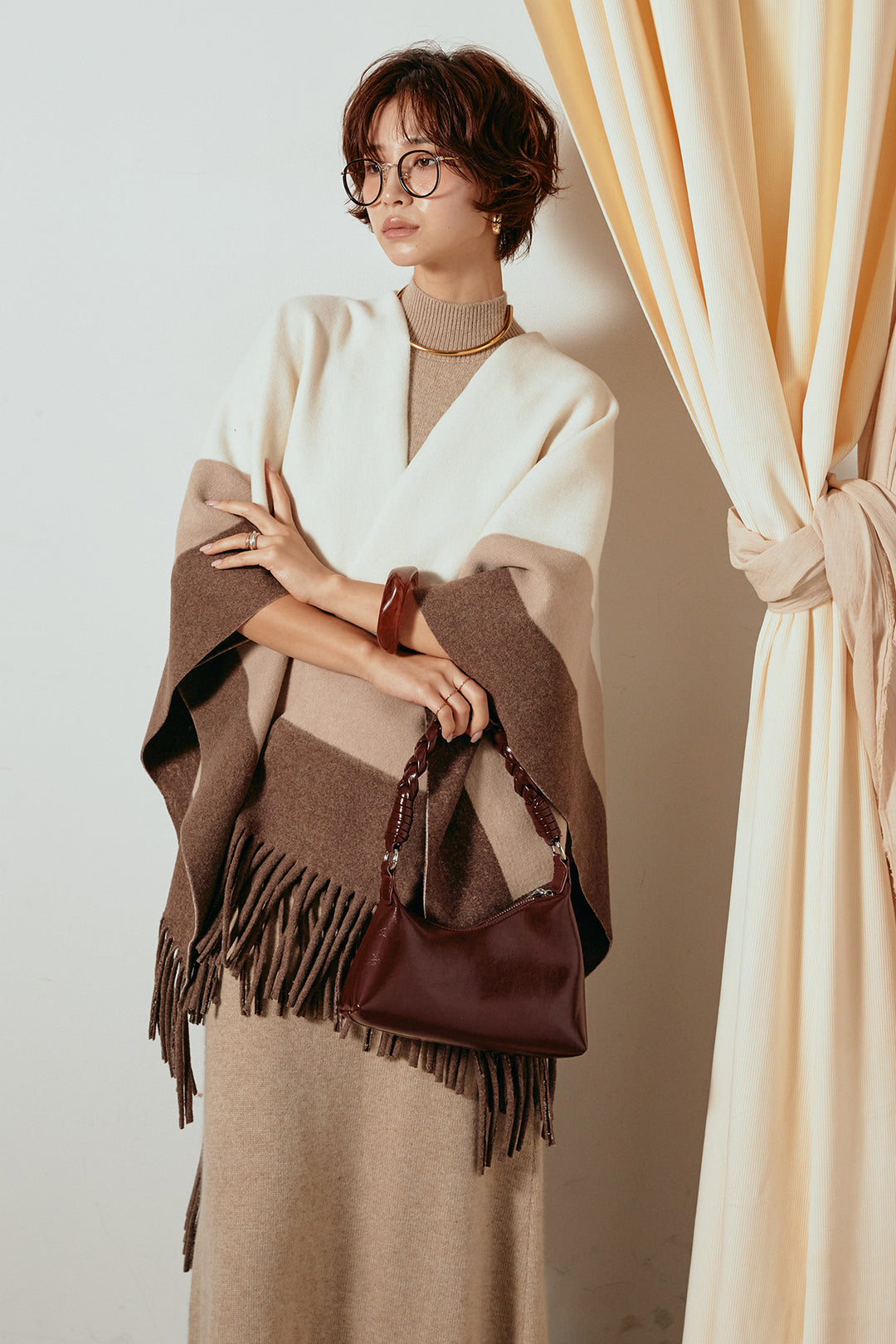 [SET]裾フリンジ柄ポンチョアウター+ノースリーブニットロングワンピース(2set)