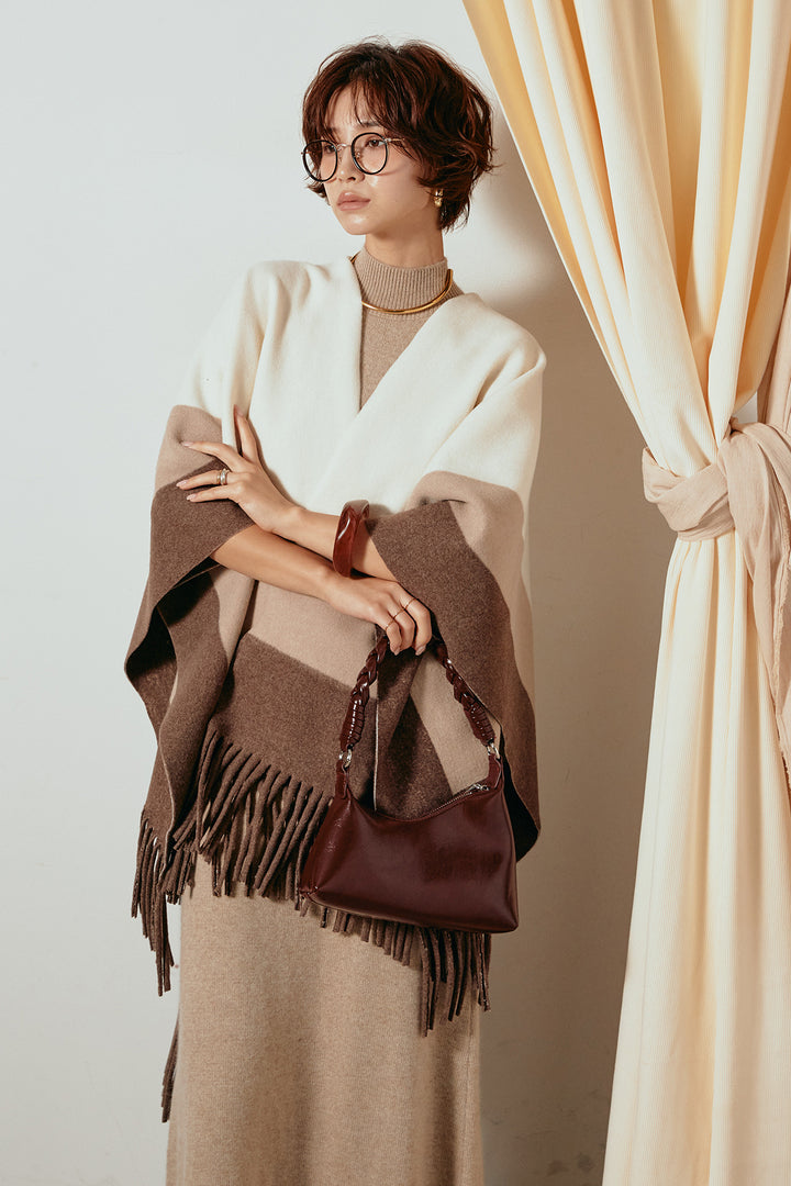 [SET]裾フリンジ柄ポンチョアウター+ノースリーブニットロングワンピース(2set)