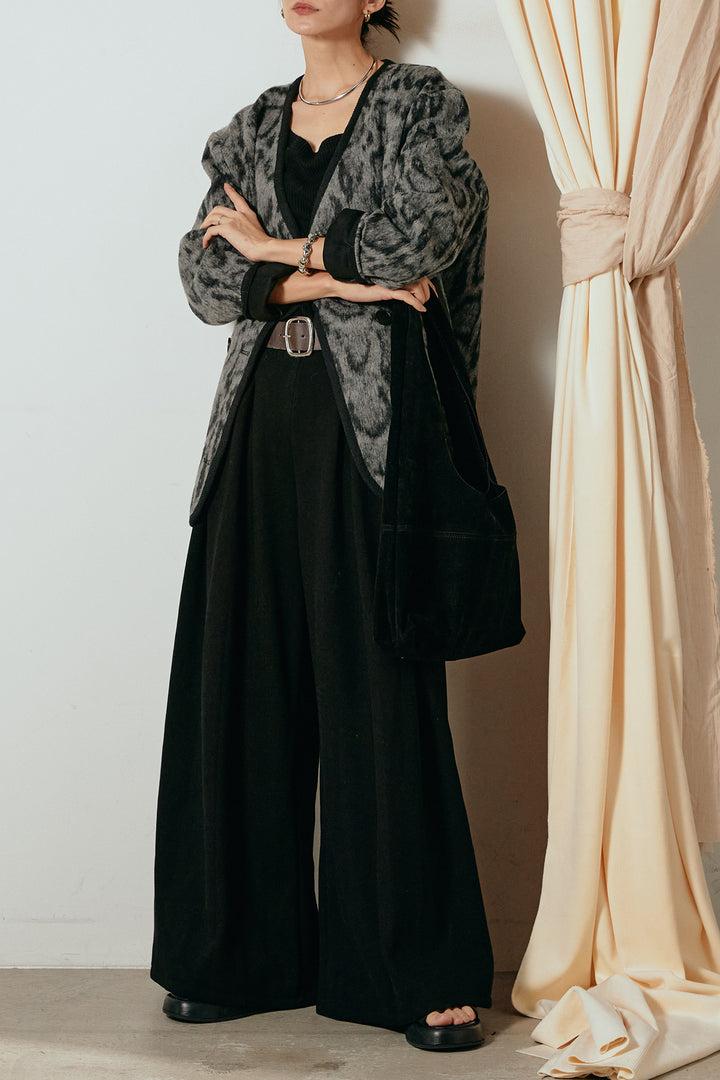 [SET]ノーカラーレオパード柄アウター+フェイクレザー太ベルト付きタックワイドパンツ(2set)