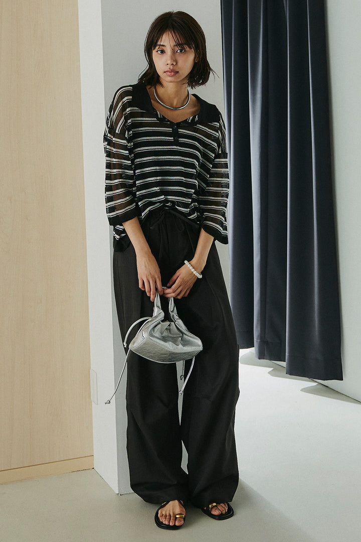 [SET]ボーダーニットポロシャツ+ニーサイドタックウエストドロスパンツ(2set)