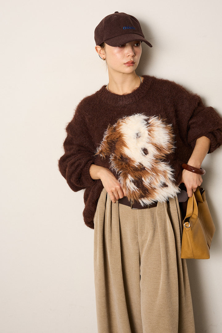 [SET]シャギーニュアンスアニマルニット+ベルトループコーデュロイワイドパンツ(2set)