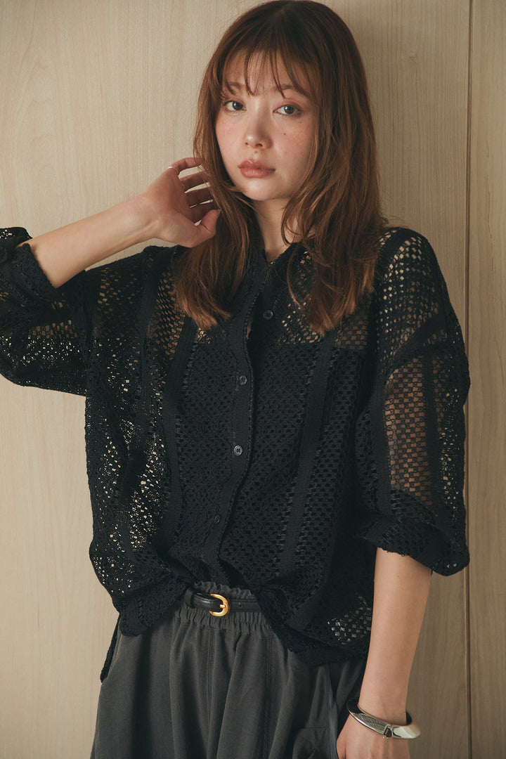 [SET]長袖襟付きレースシャツ+ポケットタックフォルムパンツ(2set)