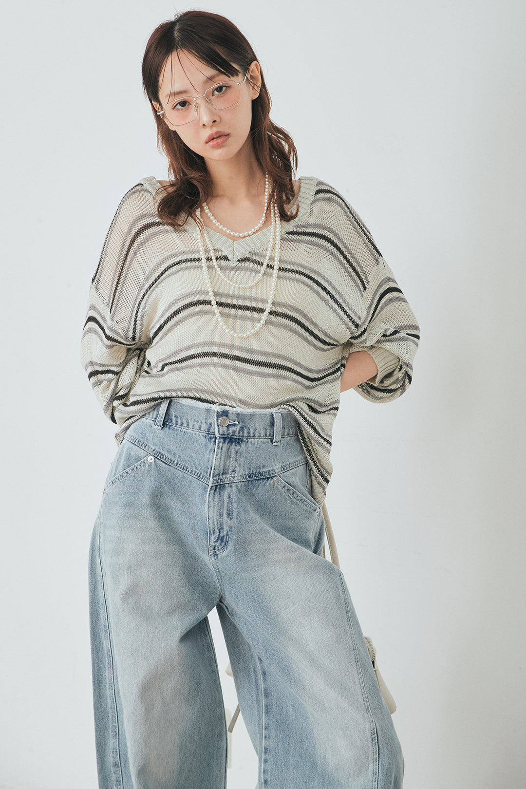 [SET]綿タッチVネックボーダートップス+デニムヨークパンツ(2set)