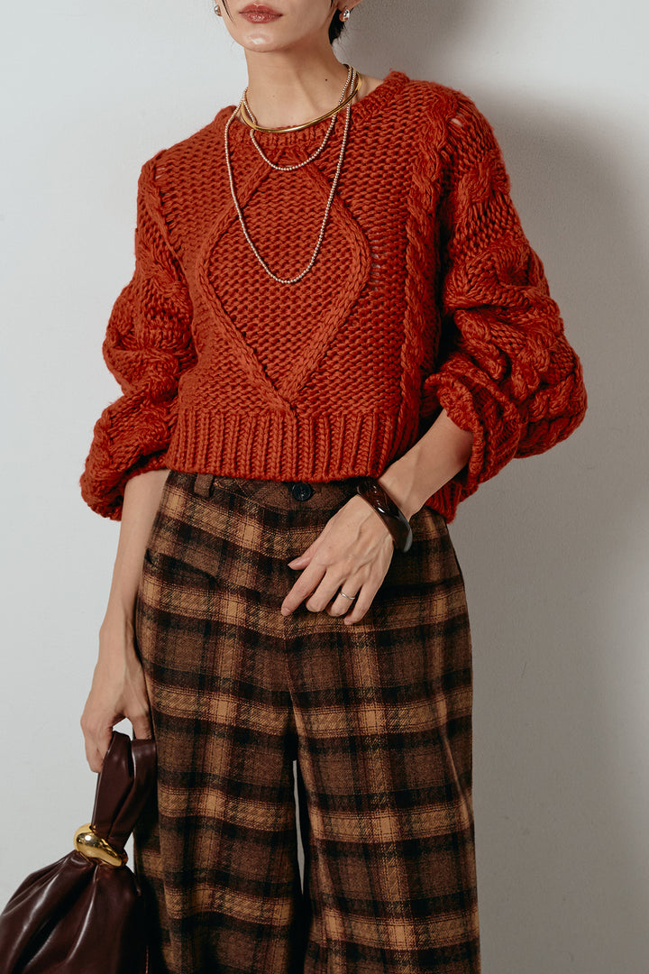 [SET]ロービングケーブルショート丈プルオーバー+ルーズタータンチェックワイドパンツ(2set)