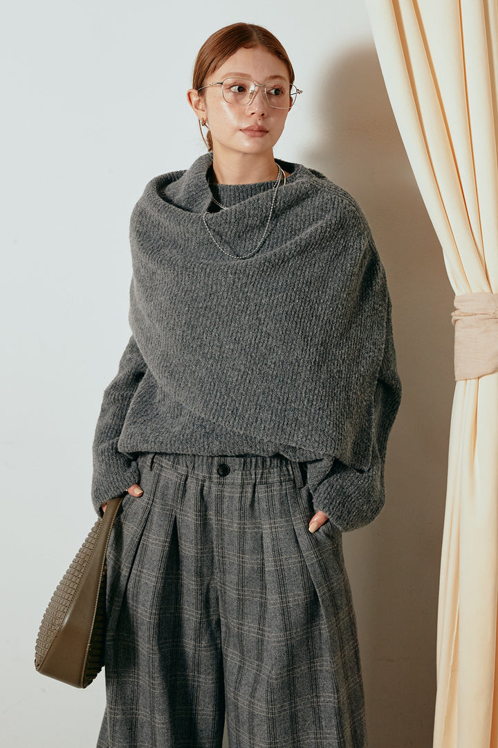 [SET]ケープデザインリブニットトップス+タータンチェック柄タックパンツ(2set)