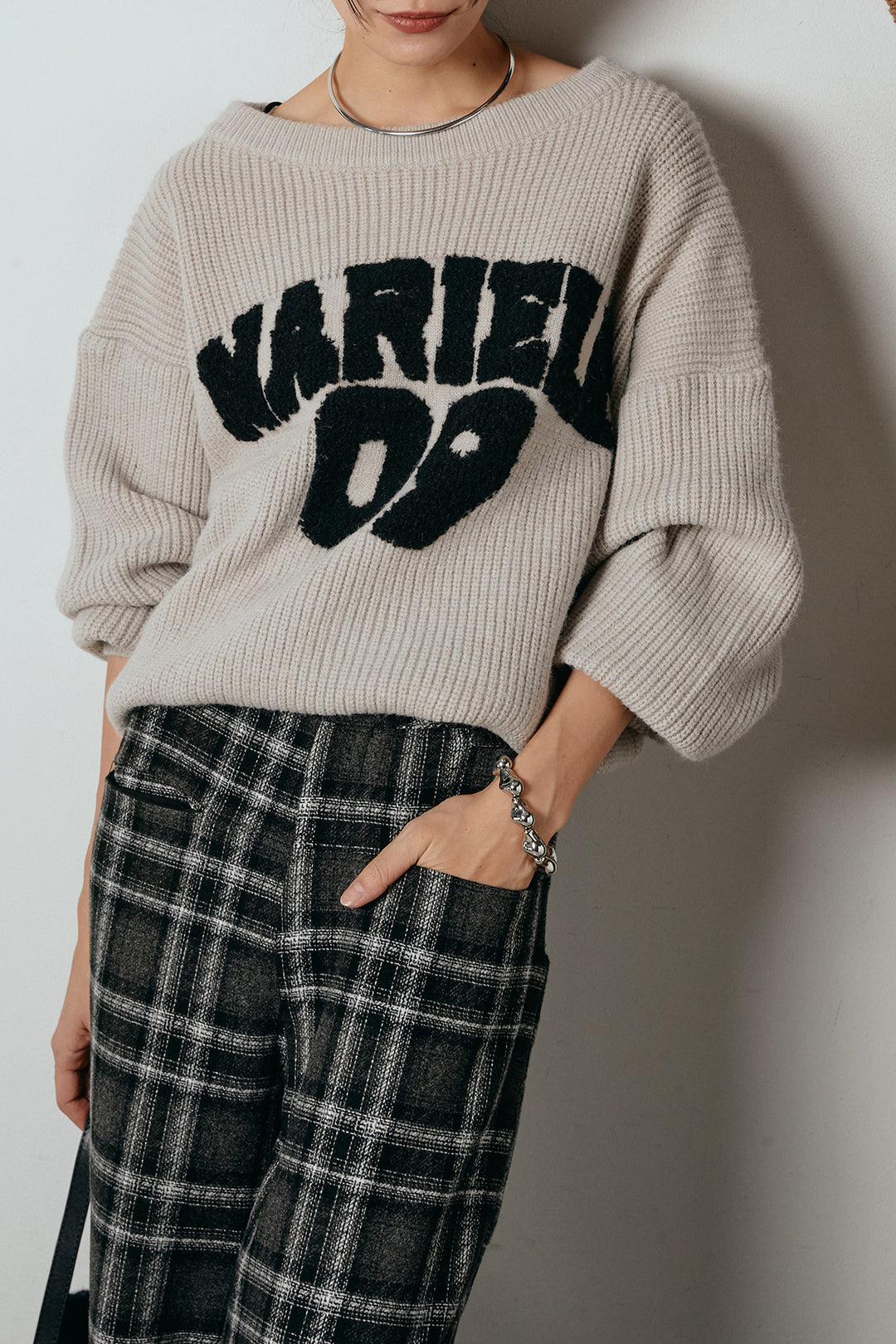 [SET]ロゴジャガードニットトップス+ルーズタータンチェックワイドパンツ(2set)