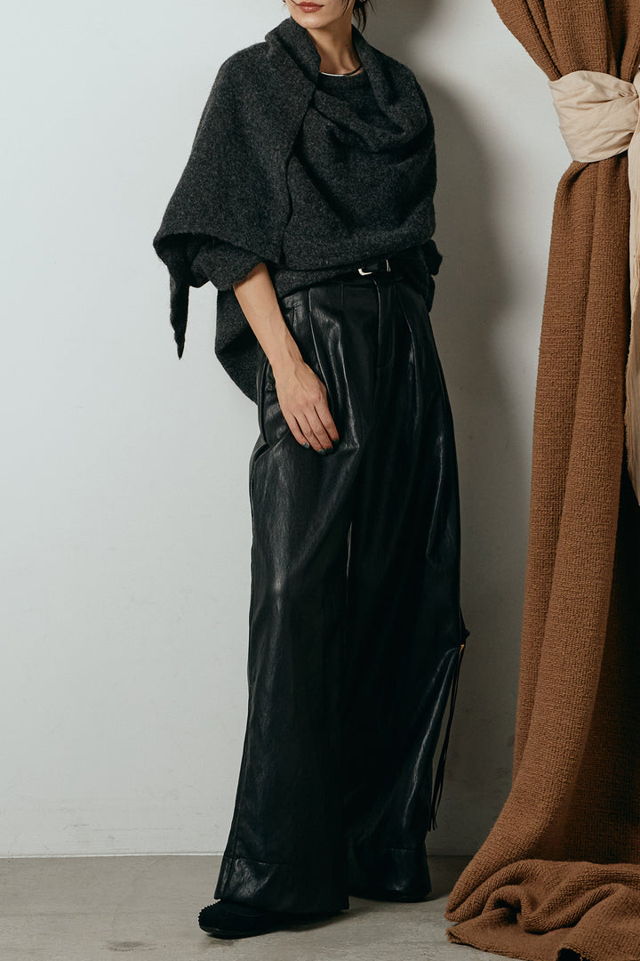 [SET]ネック巻きデザインニットトップス+ベルト付きレザーライクタックパンツ(2set)