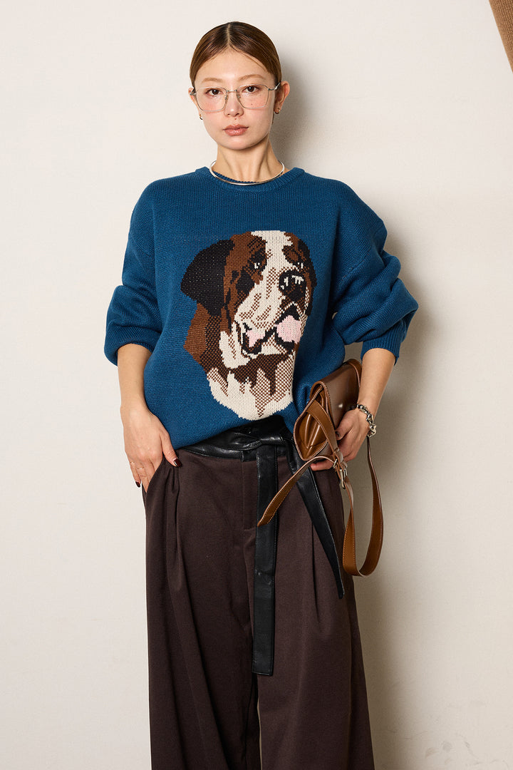 [SET]アニマルジャガード柄ニットトップス+巻ベルトウエストレザーライクワイドパンツ(2set)