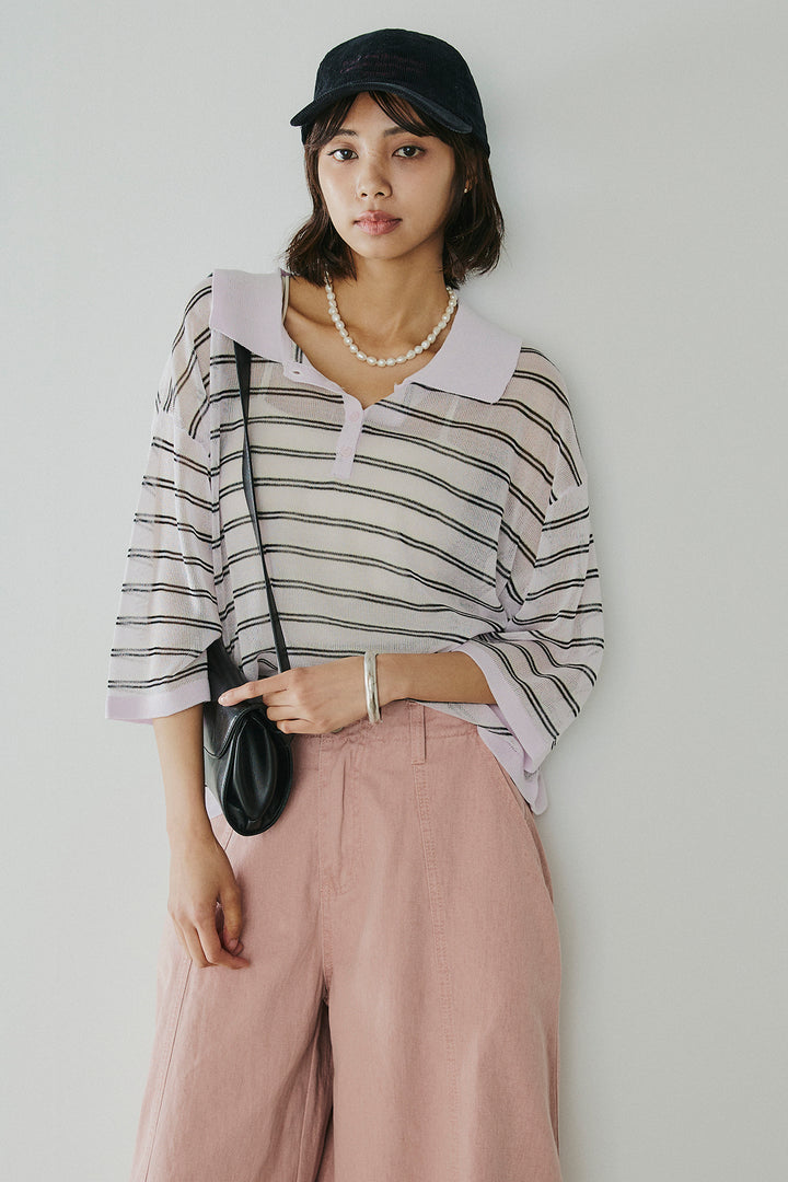 [SET]ボーダーニットポロシャツ+サイドベルトカーブワイドパンツ(2set)