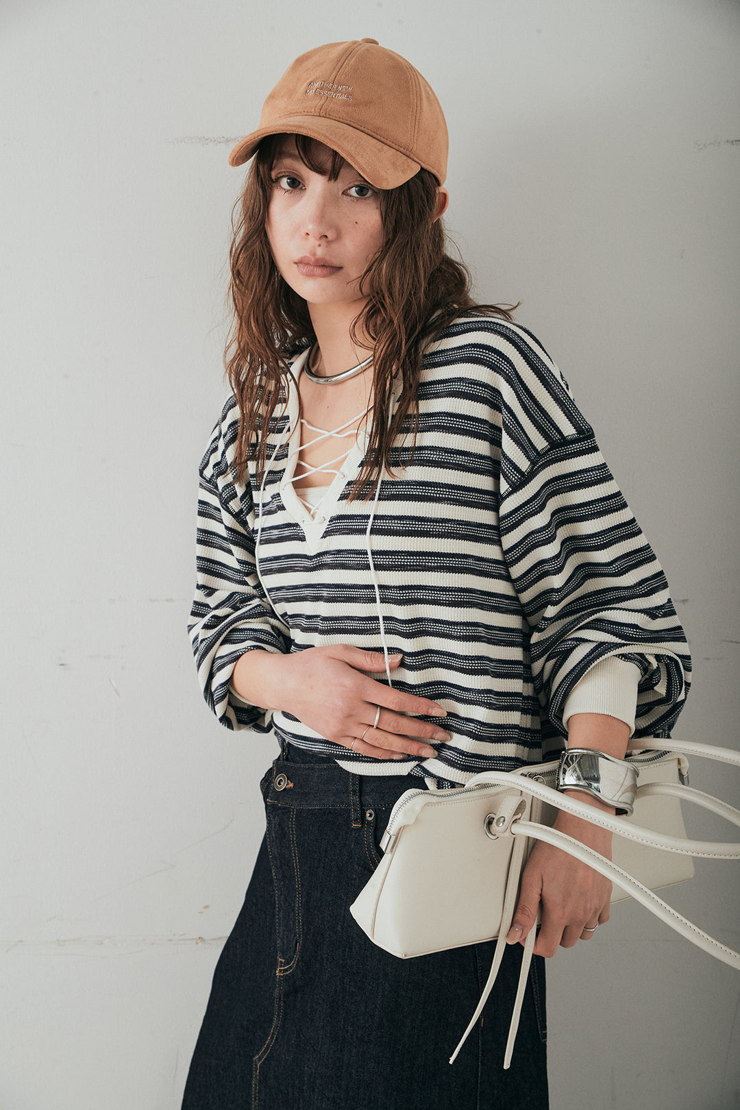 [SET]レースアップワッフルボーダートップス+ウエストクロスデニムタイトスカート(2set)