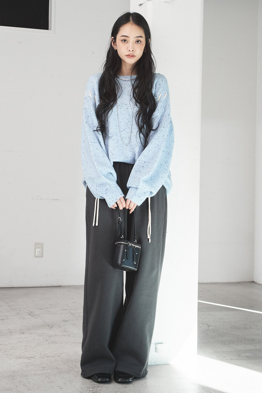 [SET]ネップ編み上げニットトップス+裏起毛スウェットワイドパンツ(2set)