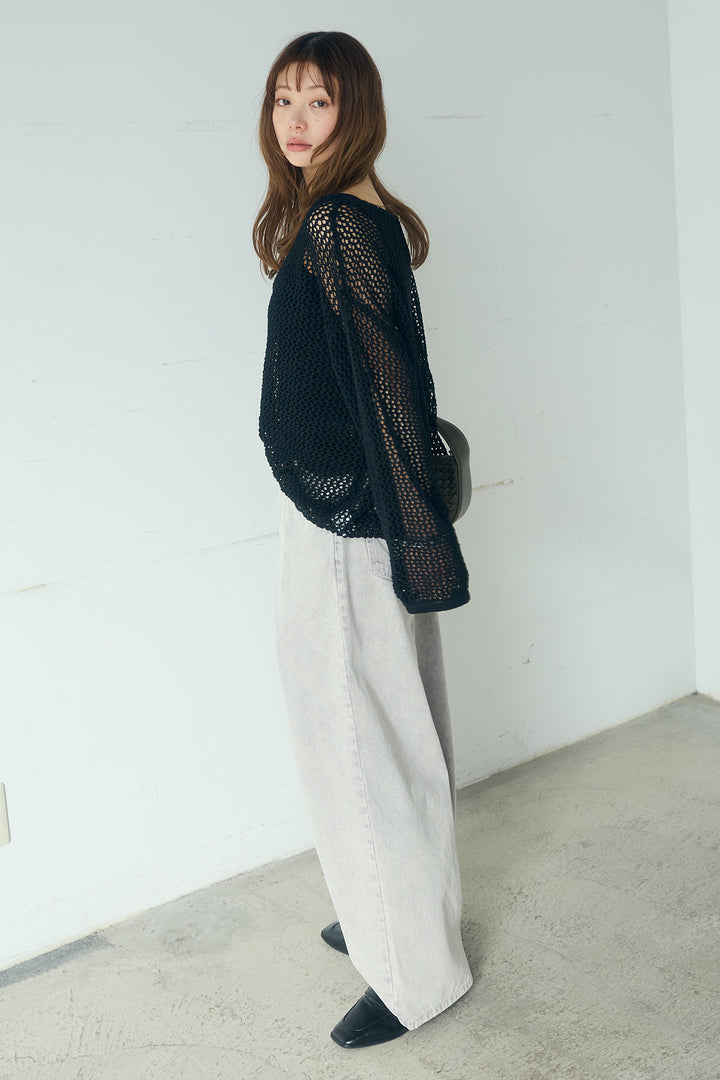 [SET]メッシュ編みビスチェセットVネックプルオーバー+カラーデニムタックカーブパンツ(2set)