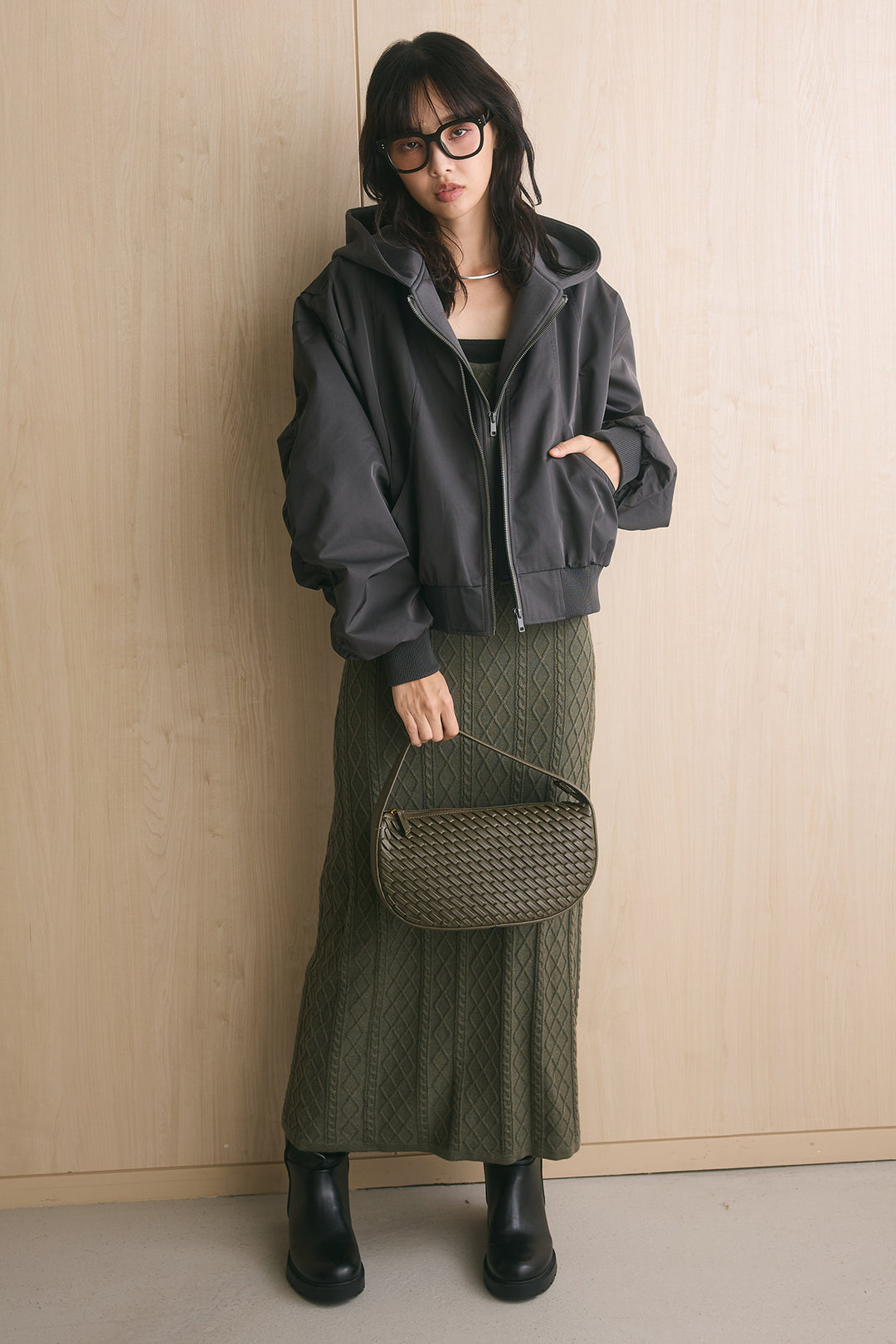 [SET]フード付きMA1+ケーブル編みニットキャミワンピース(2set)