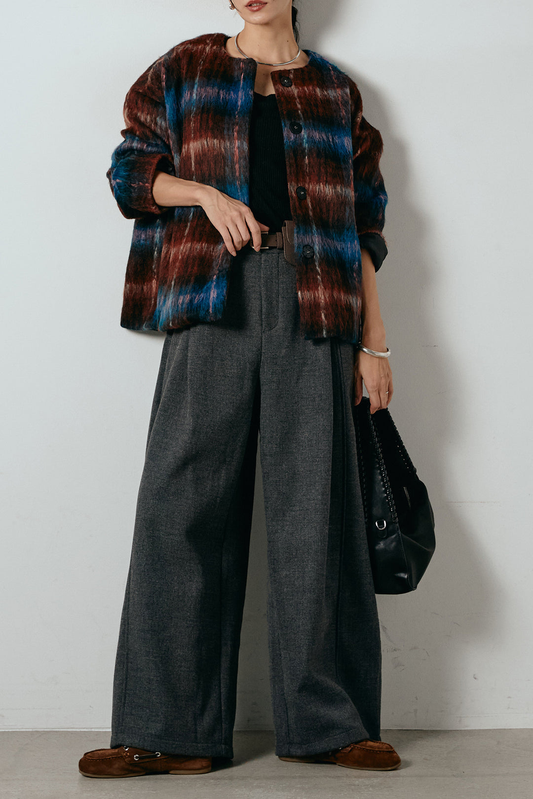 [SET]ノーカラーシャギーチェックアウター+ポーチベルト付きカーブパンツ(2set)