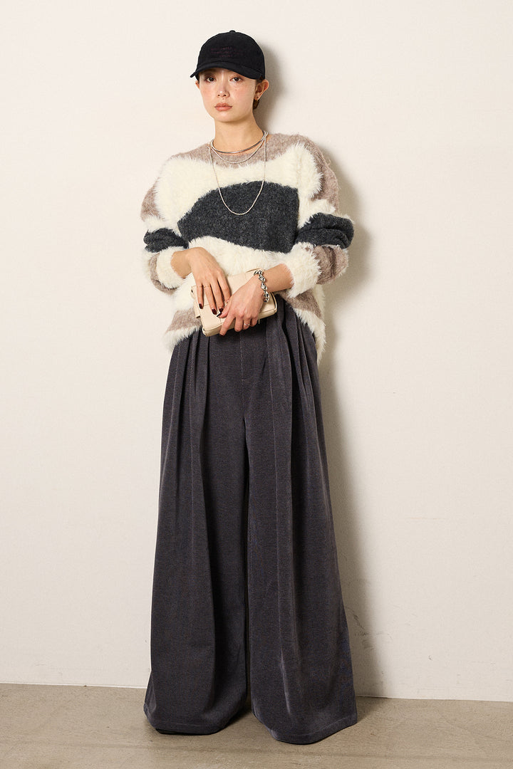 [SET]シャギーウェーブ柄クルーネックニットトップス+ベルトループコーデュロイワイドパンツ(2set)