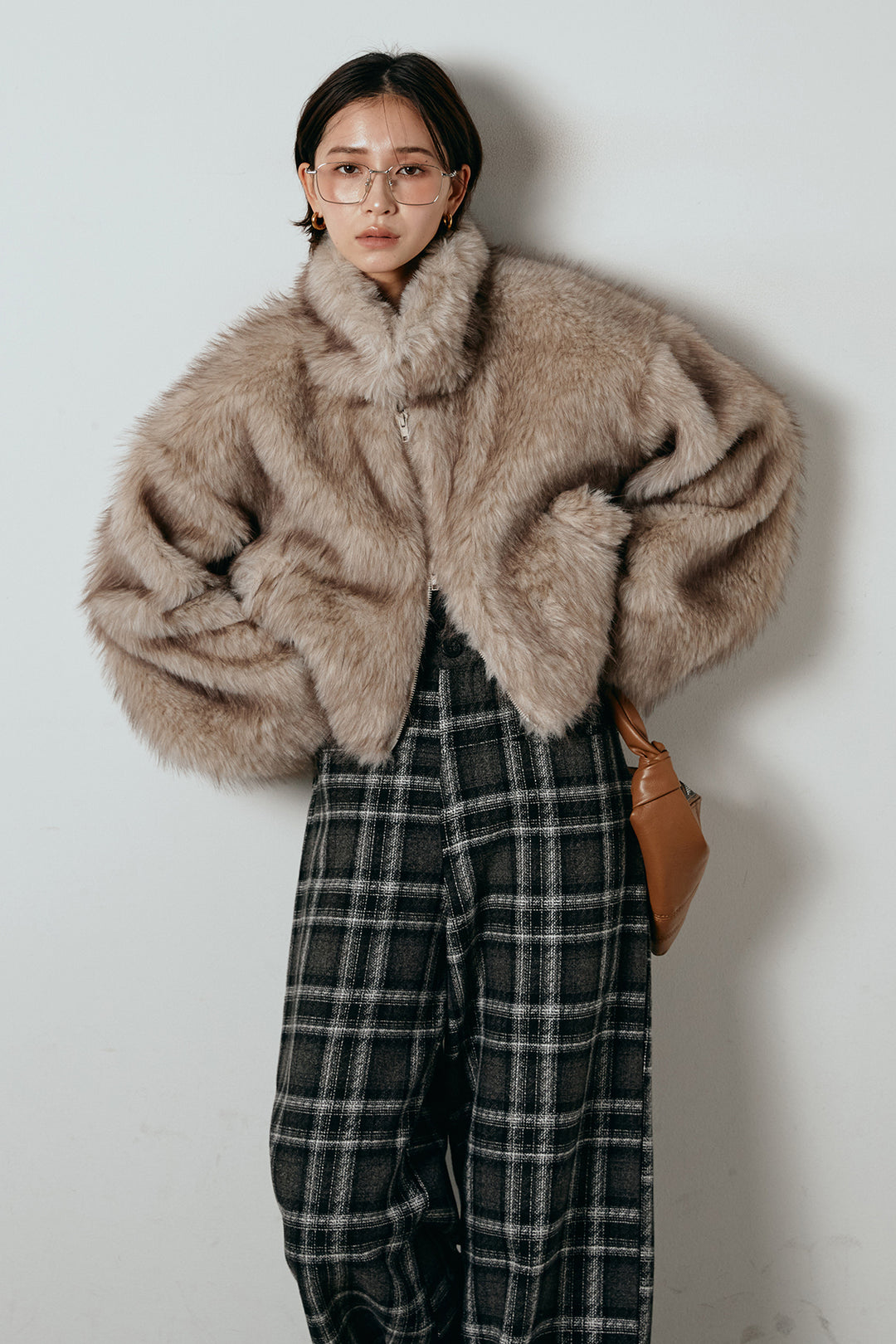 [SET]エコファーショート丈ブルゾン+ルーズタータンチェックワイドパンツ(2set)