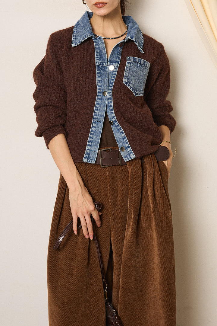 [SET]襟付きデニム切替ニットカーディガン+ベルトループコーデュロイワイドパンツ(2set)