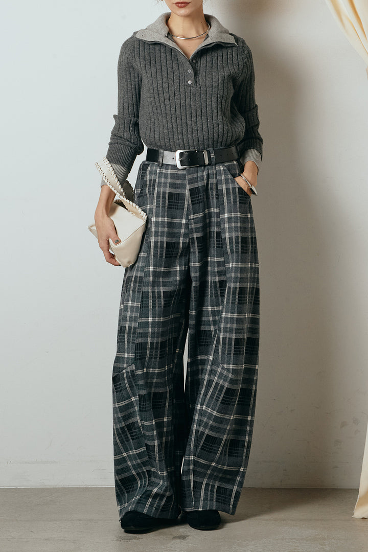 [SET]レイヤード風リブニットトップス+ベルト付きタータンチェックカーブワイドパンツ(2set)