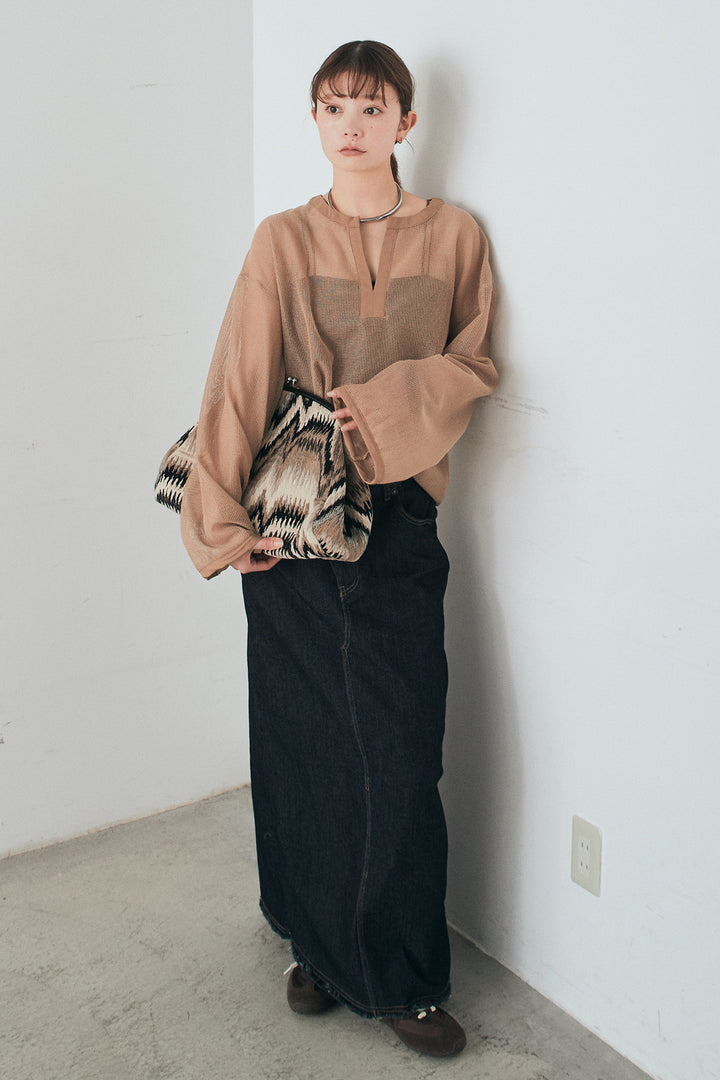 [SET]メッシュカットソースキッパープルオーバー+ウエストクロスデニムタイトスカート(2set)