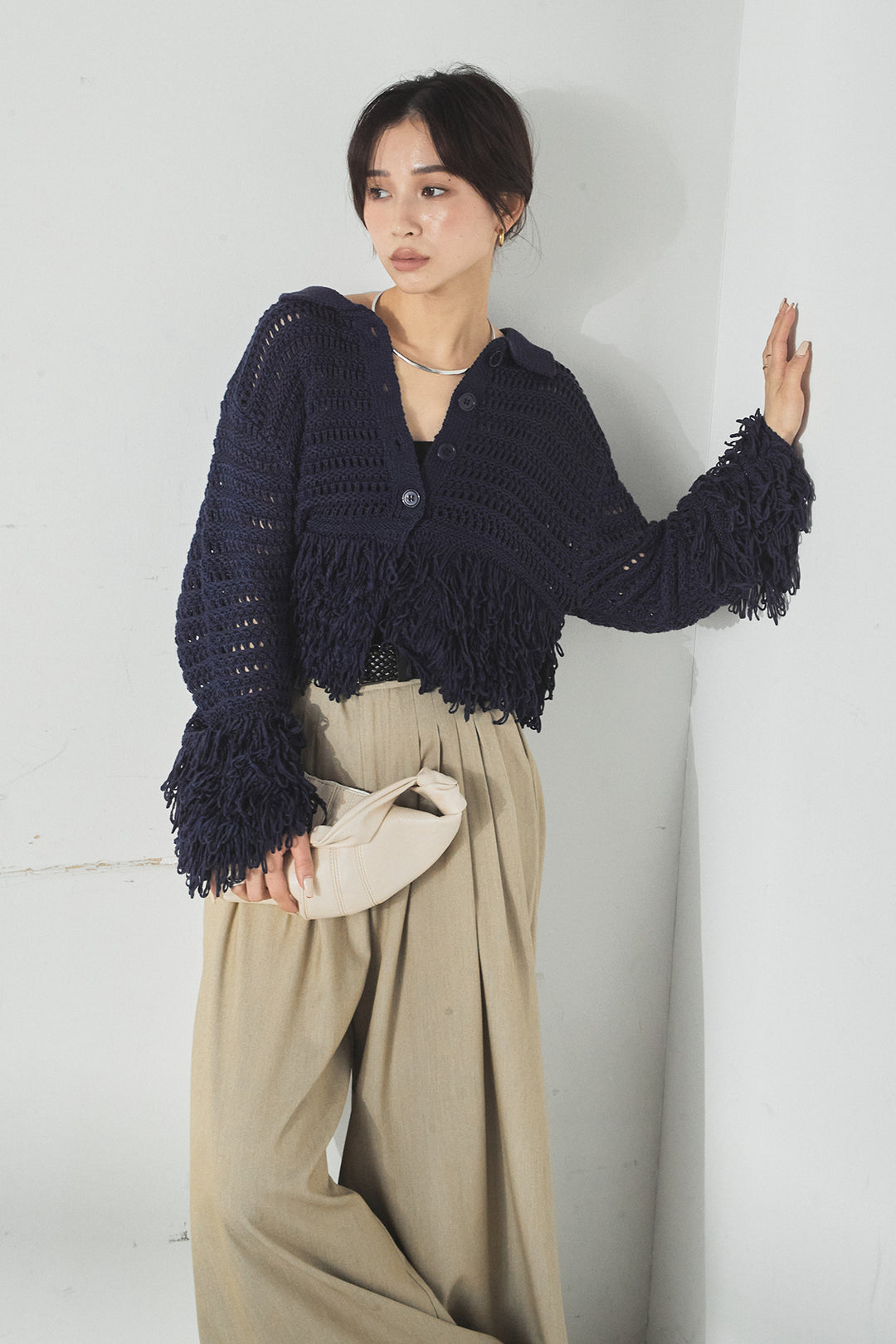 [SET]メッシュフリンジカーディガン+編みベルト付きウエストタックワイドパンツ(2set)