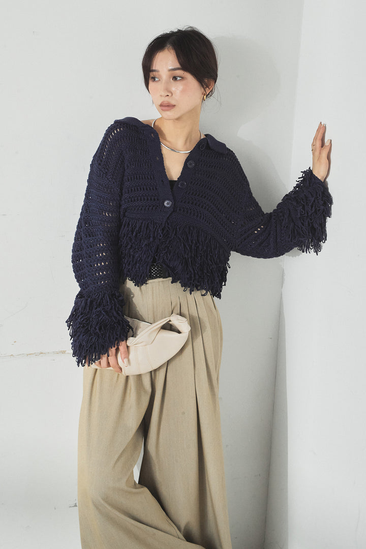[SET]メッシュフリンジカーディガン+編みベルト付きウエストタックワイドパンツ(2set)