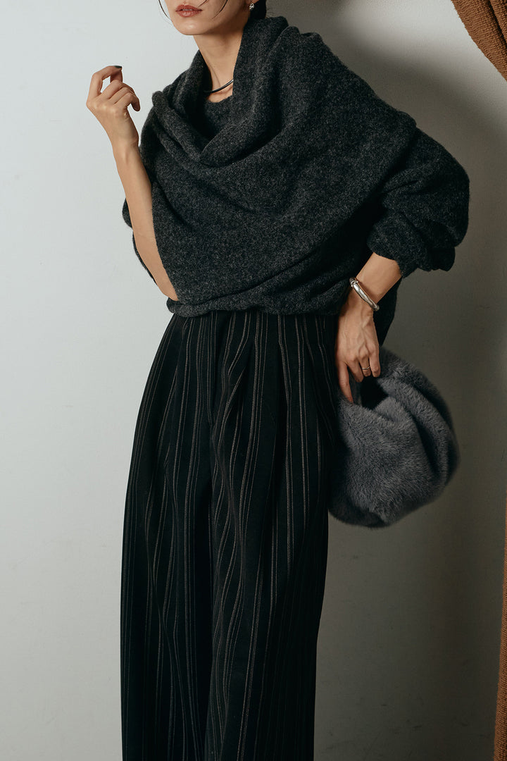 [SET]ネック巻きデザインニットトップス+タック入りマルチストライプ柄ワイドパンツ(2set)