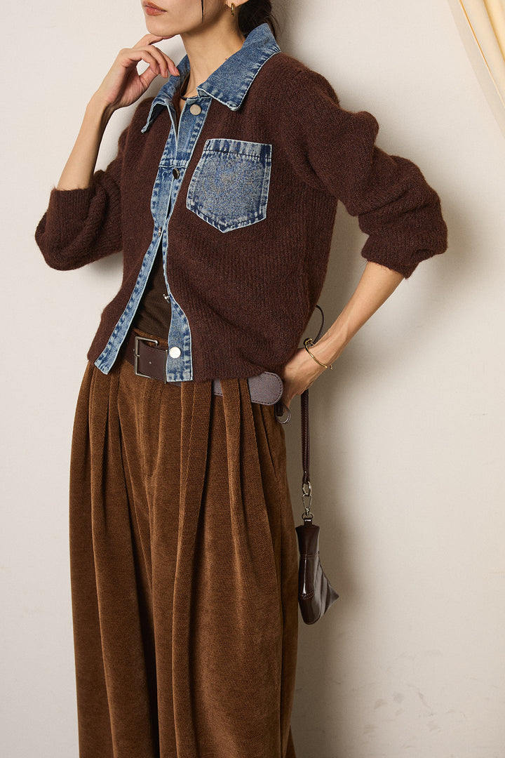 [SET]襟付きデニム切替ニットカーディガン+ベルトループコーデュロイワイドパンツ(2set)