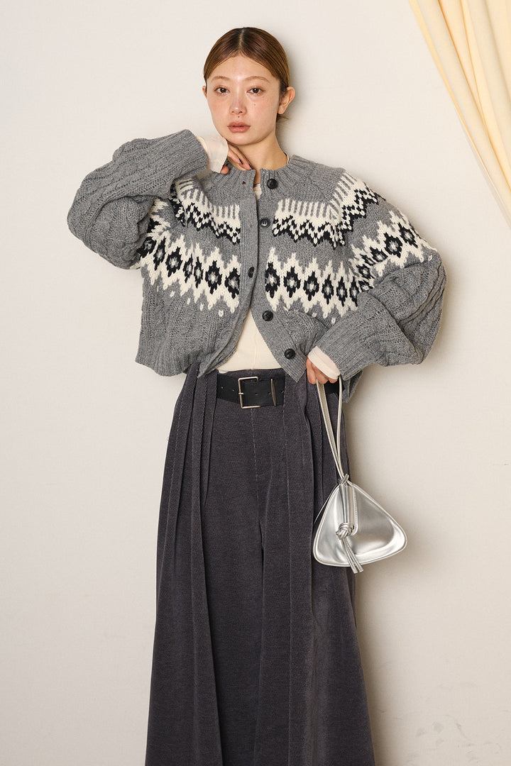 [SET]2WAY求心柄ジャガードショートカーディガン+ベルトループコーデュロイワイドパンツ(2set)