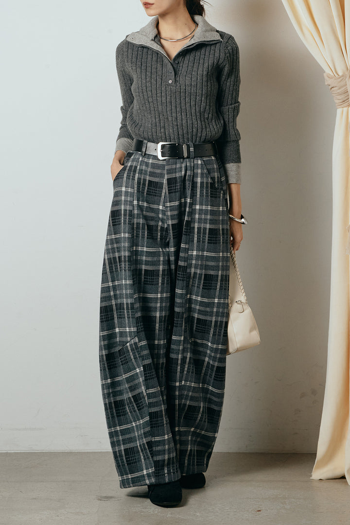[SET]レイヤード風リブニットトップス+ベルト付きタータンチェックカーブワイドパンツ(2set)