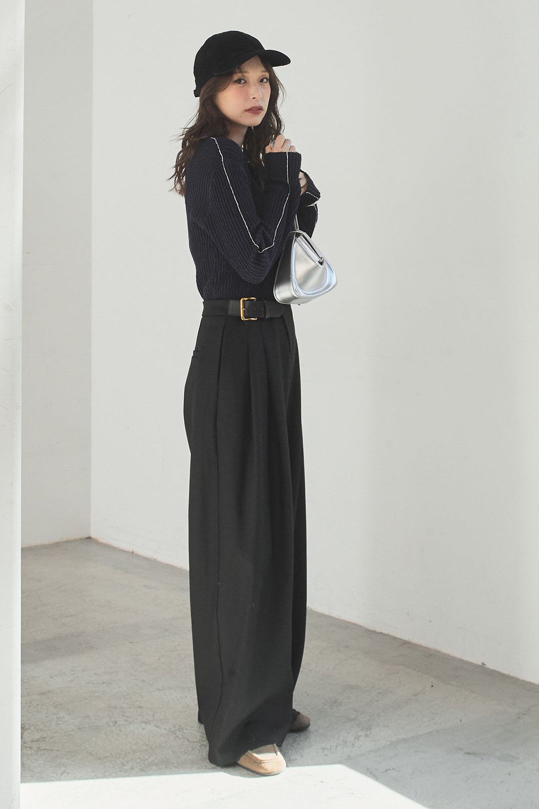 [SET]衿付きニットプルオーバー+サイドベルトタック入りスラックス(2set)