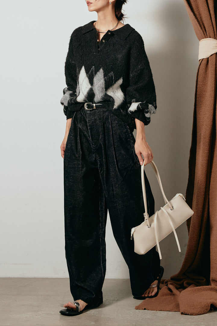 [SET]アーガイル柄ポロニットトップス+フロントタック入りコーデュロイパンツ(2set)