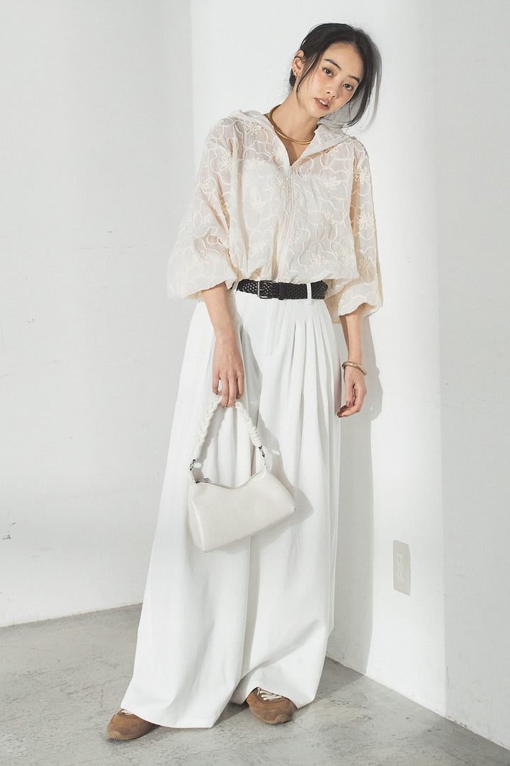 [SET]シアーフラワーフードブルゾン+編みベルト付きウエストタックワイドパンツ(2set)