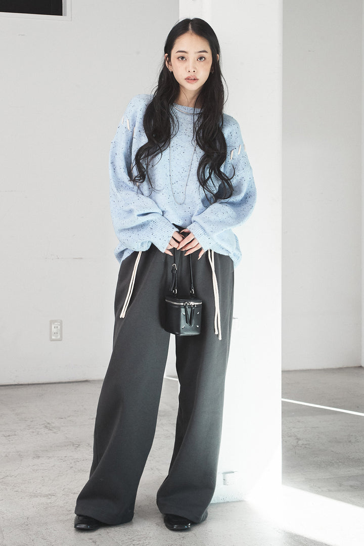 [SET]ネップ編み上げニットトップス+裏起毛スウェットワイドパンツ(2set)