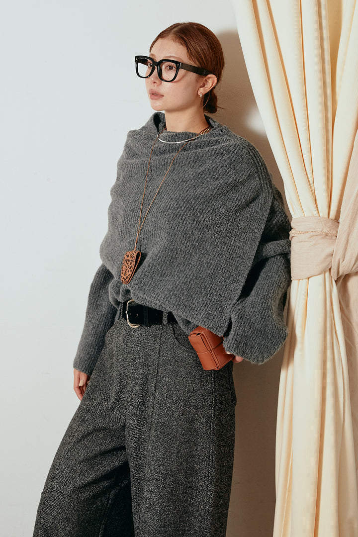 [SET]ケープデザインリブニットトップス+太ベルト付きツイードワイドパンツ(2set)