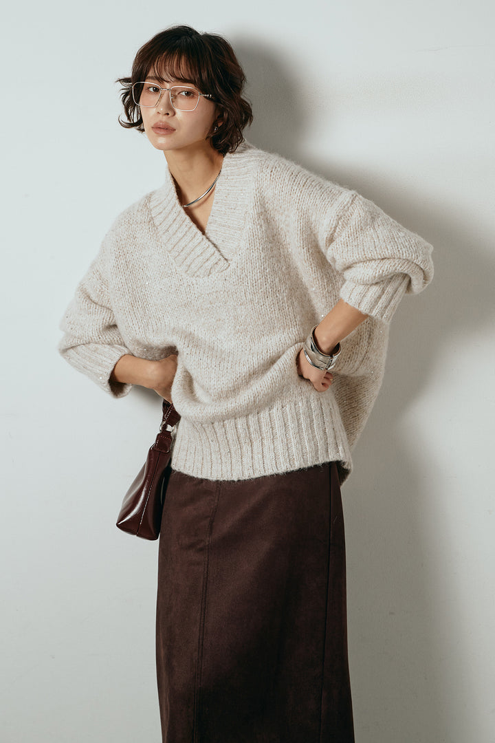[SET]Vネックラメニットトップス+スウェードライク裾フリンジスカート(2set)