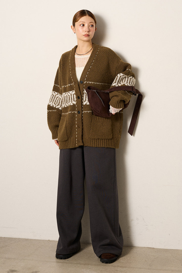 [SET]ライン柄ステッチニットカーディガン+2WAY袖コード刺繍クルーネックプルオーバー+裏起毛スウェットワイドパンツ(3set)