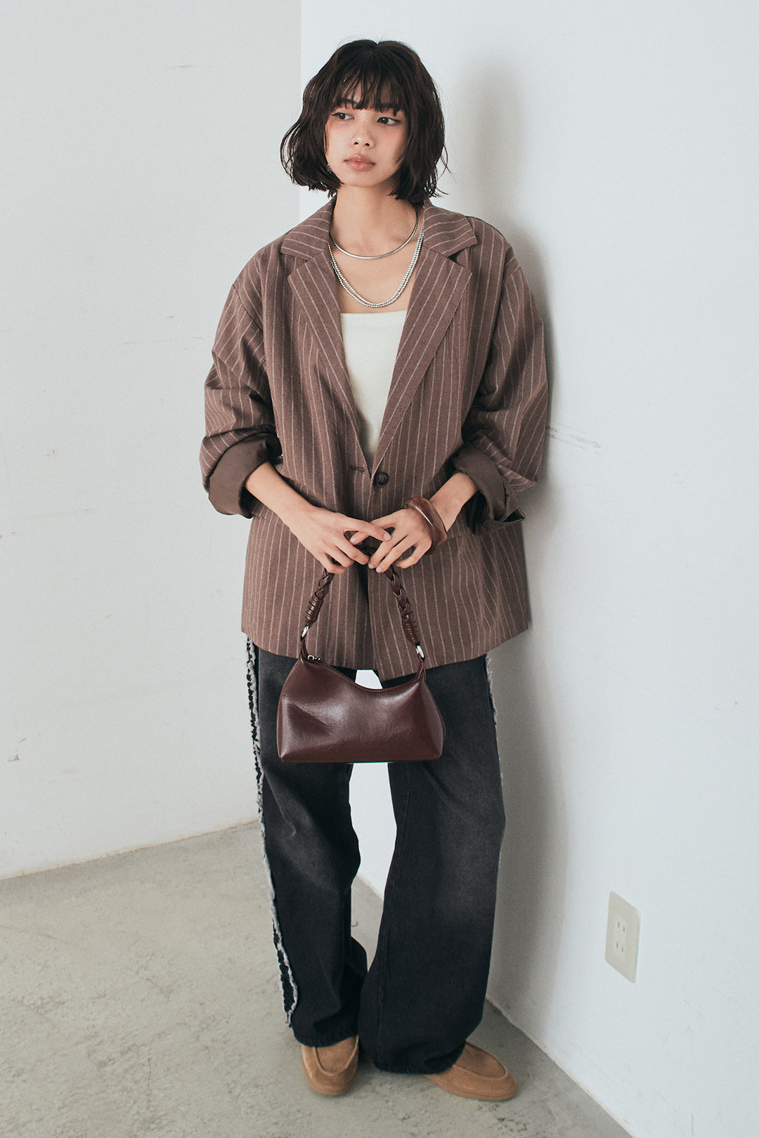 [SET]リネンライクストライプテーラードジャケット+デニムサイドフリルパンツ(2set)