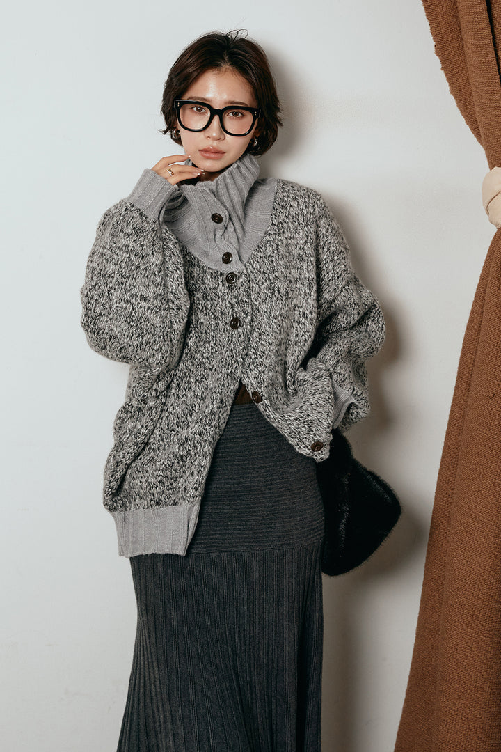 [SET]ハイネックミックスニットカーディガン+編み地切り替えフレアニットスカート(2set)