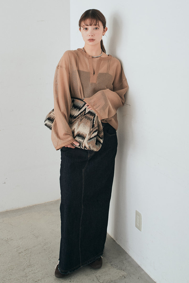 [SET]メッシュカットソースキッパープルオーバー+ウエストクロスデニムタイトスカート(2set)