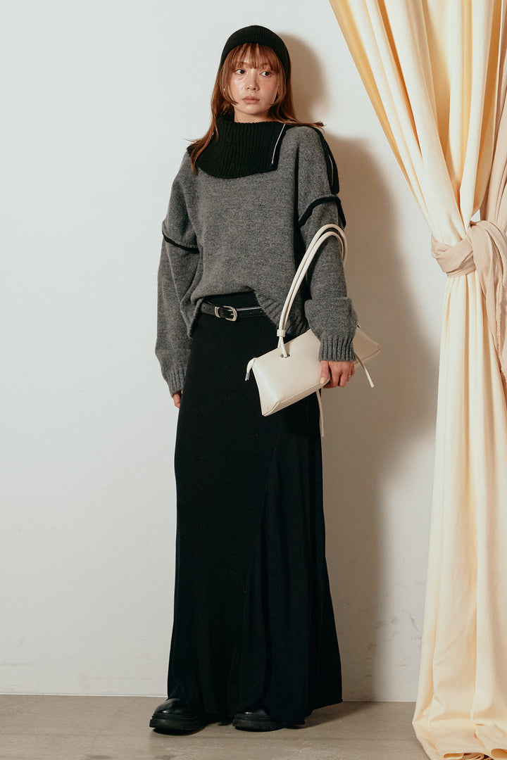 [SET]ハイネックジップデザインニットトップス+サイド切り替えリブニットロングスカート(2set)
