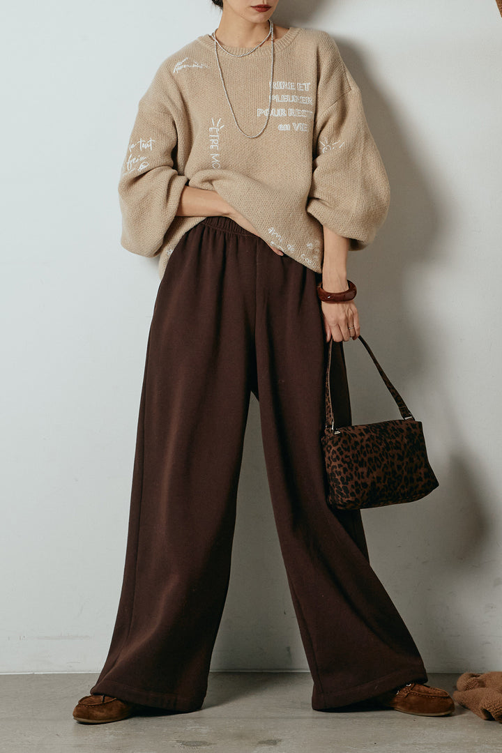 [SET]刺繍ロゴランダムデザインニットトップス+裏起毛スウェットワイドパンツ(2set)