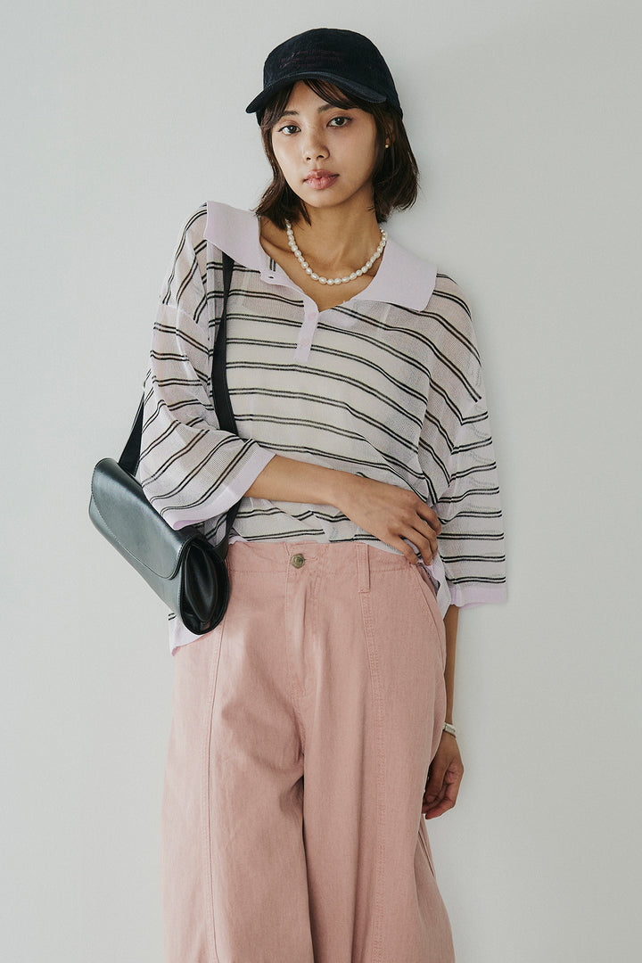 [SET]ボーダーニットポロシャツ+サイドベルトカーブワイドパンツ(2set)