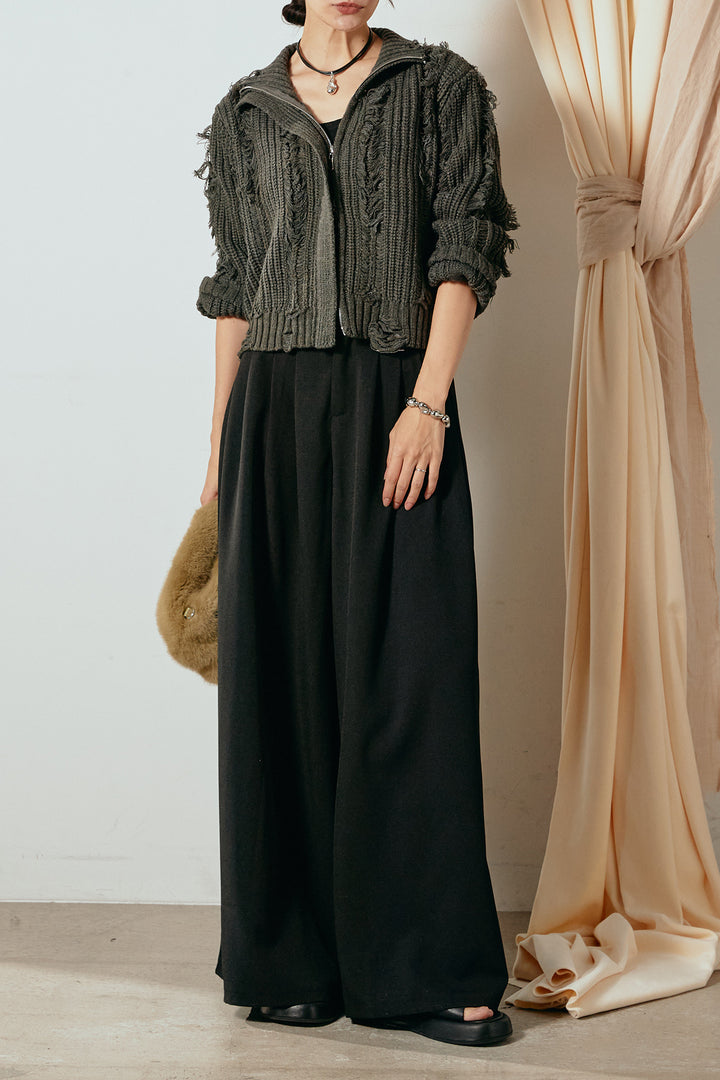 [SET]ハイネックフリンジジップニットトップス+ウエストステッチデザインワイドスラックス(2set)