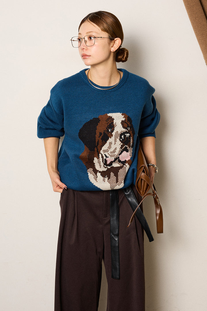 [SET]アニマルジャガード柄ニットトップス+巻ベルトウエストレザーライクワイドパンツ(2set)