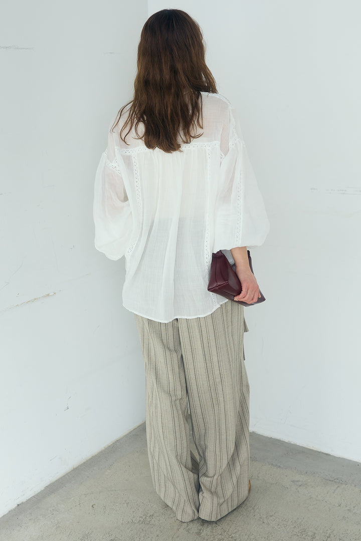[SET]レース刺繍ラインバンドカラーシャツ+リネンライクピンストライプサイドデザインパンツ(2set)